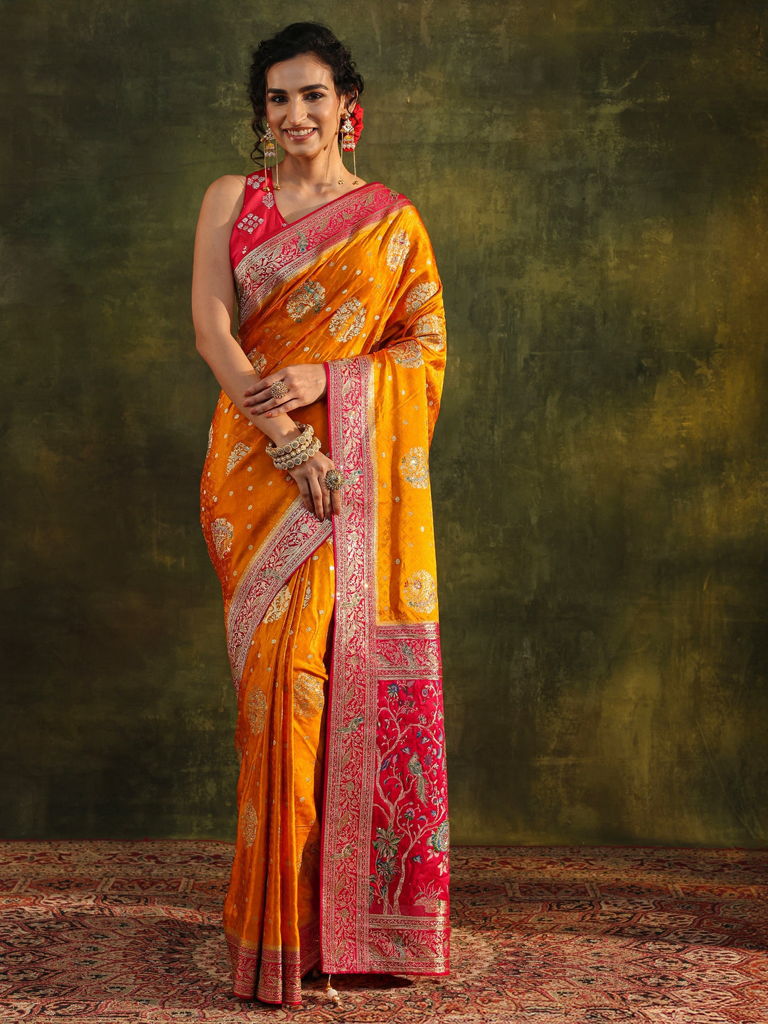 Libas Art Mustard Ethnic Woven Design Satin Saree With Unstitched Blouse Piece