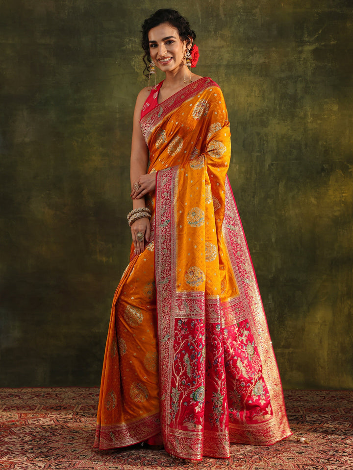 Libas Art Mustard Ethnic Woven Design Satin Saree With Unstitched Blouse Piece