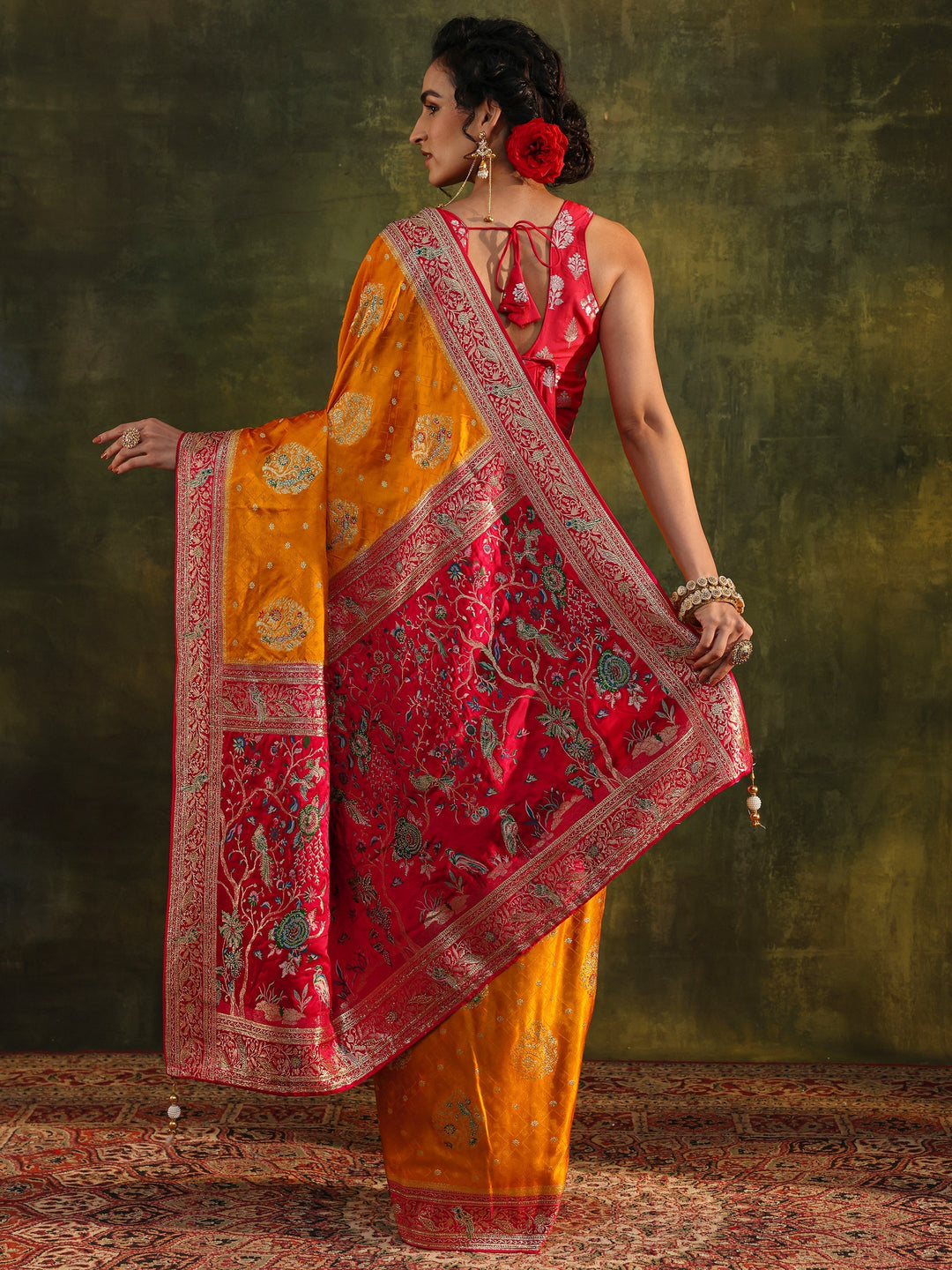 Libas Art Mustard Ethnic Woven Design Satin Saree With Unstitched Blouse Piece