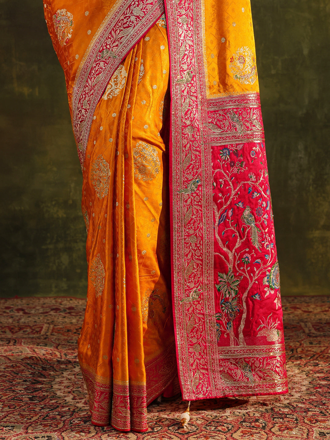 Libas Art Mustard Ethnic Woven Design Satin Saree With Unstitched Blouse Piece