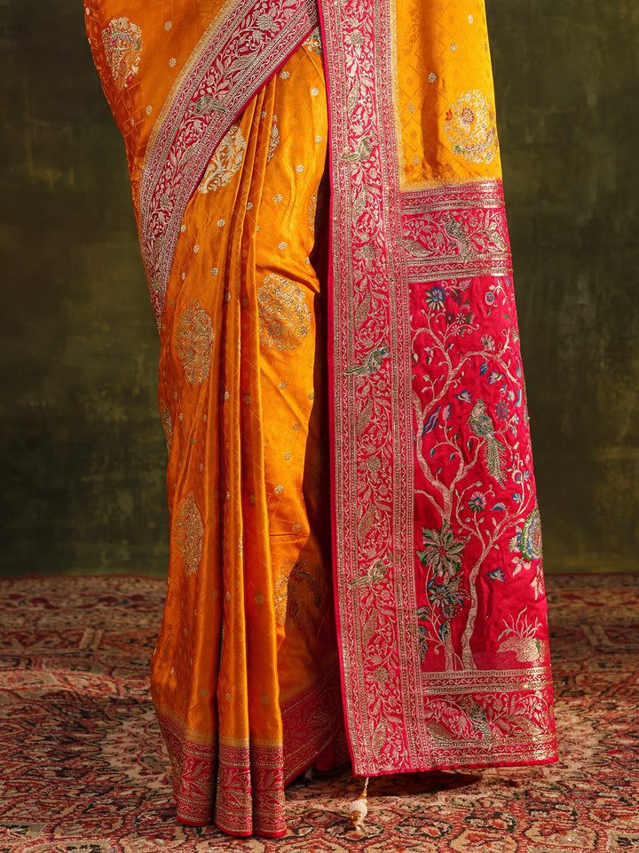 Libas Art Mustard Ethnic Woven Design Satin Saree With Unstitched Blouse Piece