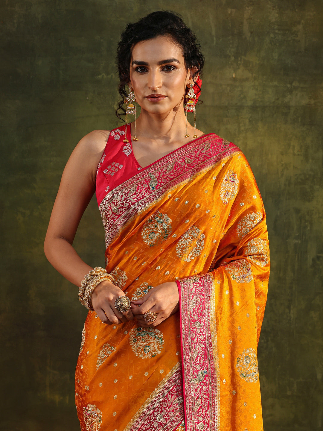 Libas Art Mustard Ethnic Woven Design Satin Saree With Unstitched Blouse Piece