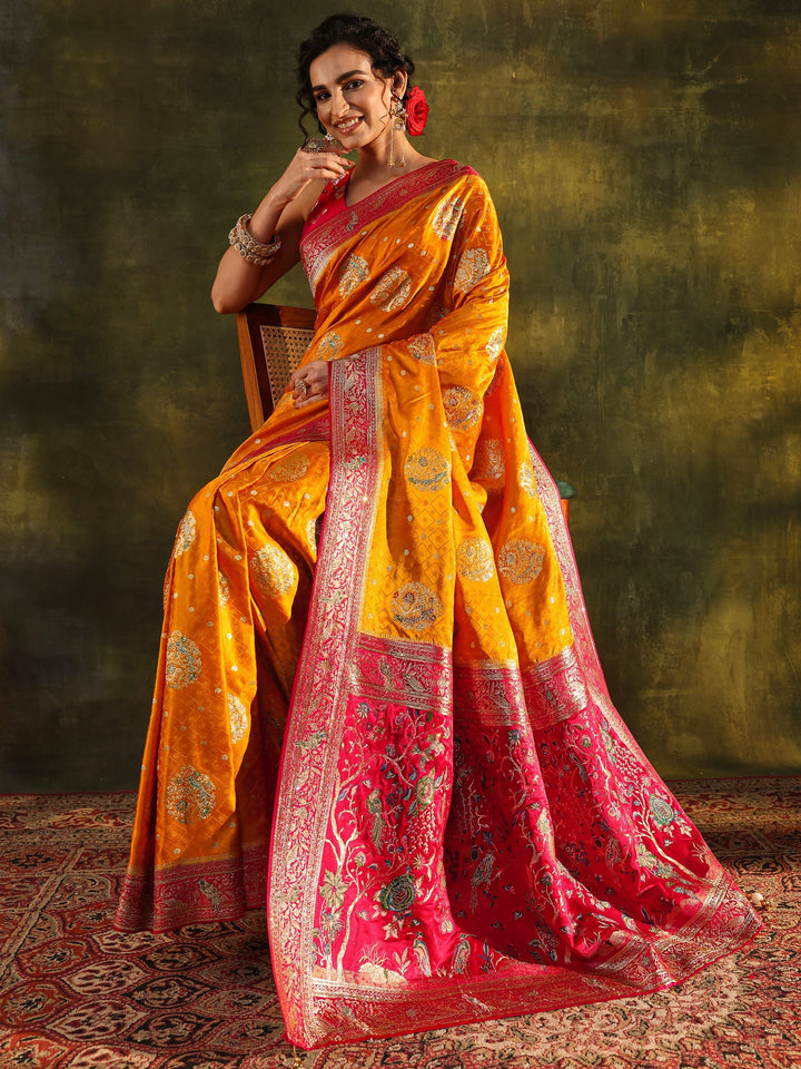Libas Art Mustard Ethnic Woven Design Satin Saree With Unstitched Blouse Piece