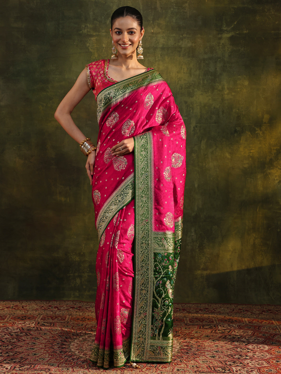Libas Art Pink Woven Design Satin Banarasi Saree With Unstitched Blouse Piece