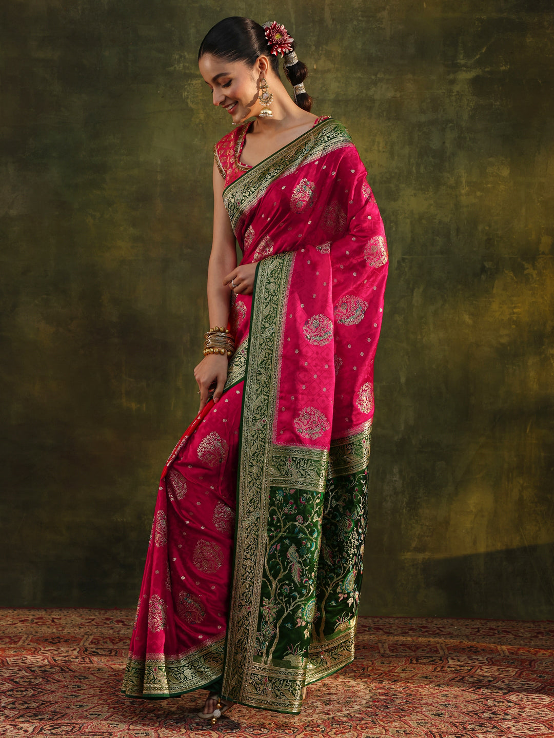 Libas Art Pink Woven Design Satin Banarasi Saree With Unstitched Blouse Piece
