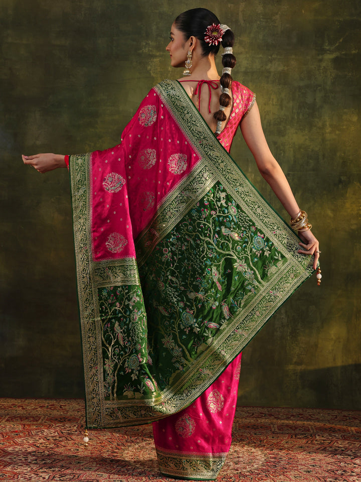 Libas Art Pink Woven Design Satin Banarasi Saree With Unstitched Blouse Piece
