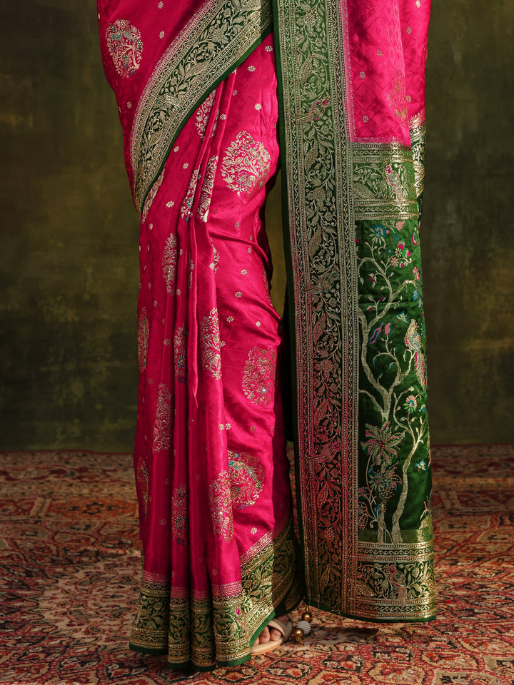 Libas Art Pink Woven Design Satin Banarasi Saree With Unstitched Blouse Piece