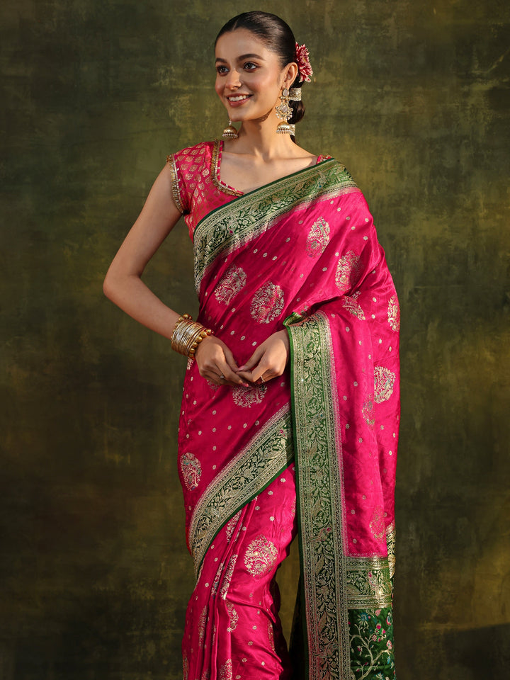 Libas Art Pink Woven Design Satin Banarasi Saree With Unstitched Blouse Piece