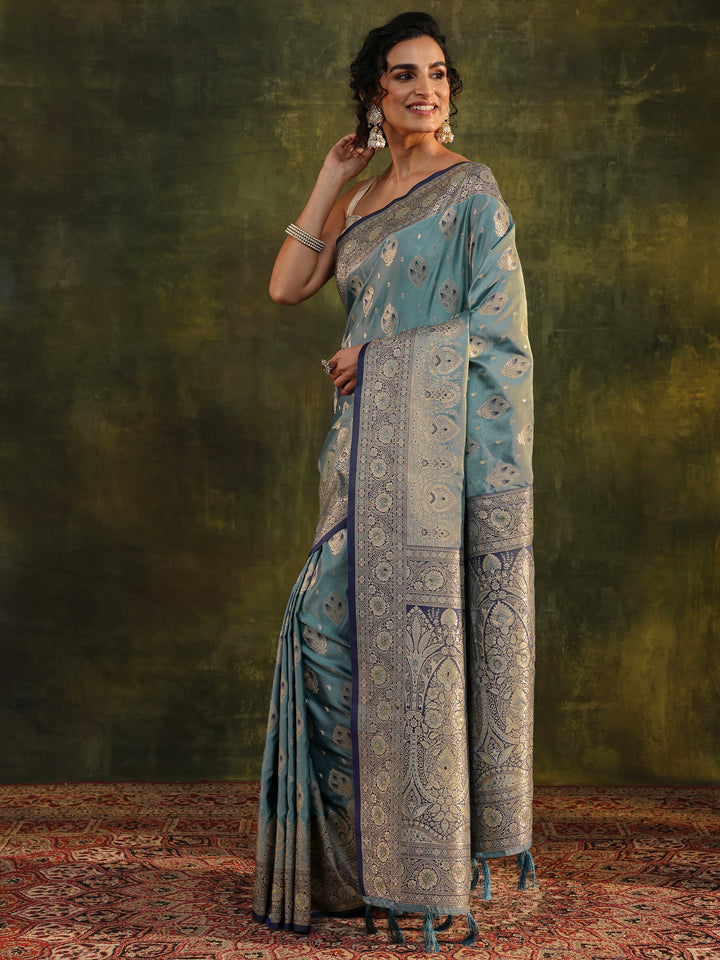 Teal Woven Design Silk Blend Banarasi Saree With Unstitched Blouse Piece