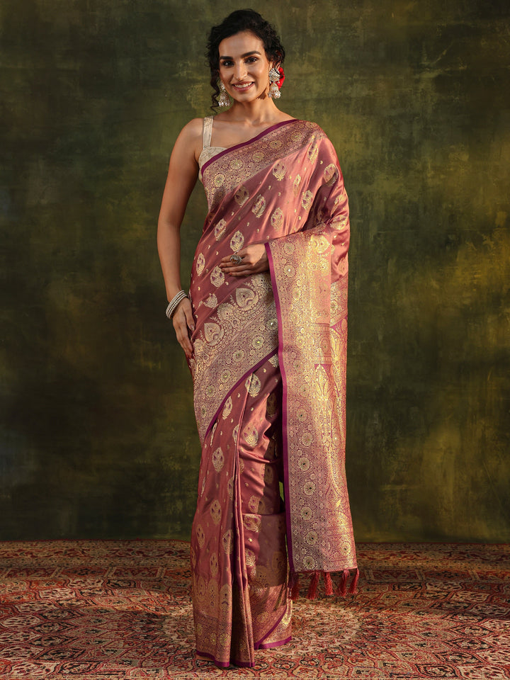 Peach Woven Design Silk Blend Banarasi Saree With Unstitched Blouse Piece