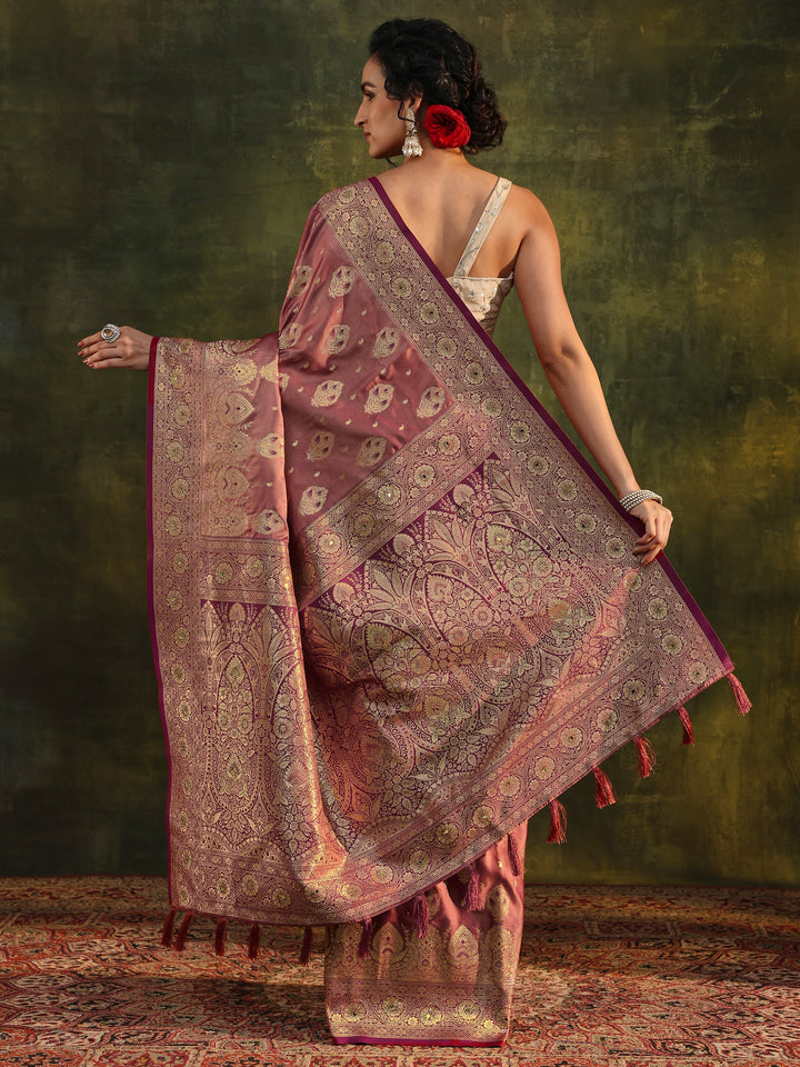 Peach Woven Design Silk Blend Banarasi Saree With Unstitched Blouse Piece