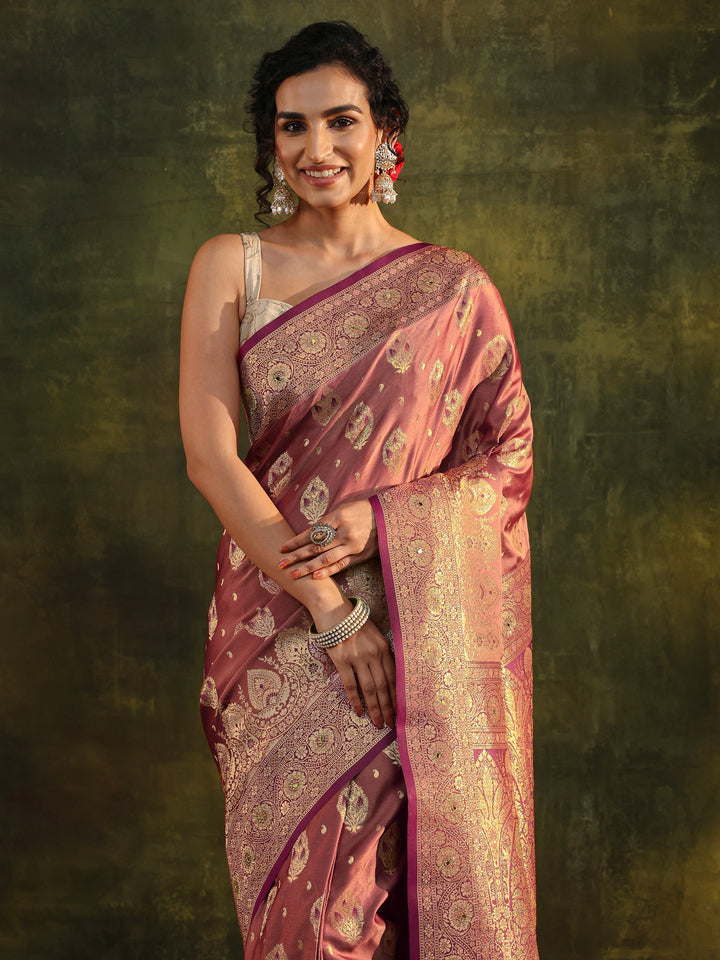 Peach Woven Design Silk Blend Banarasi Saree With Unstitched Blouse Piece
