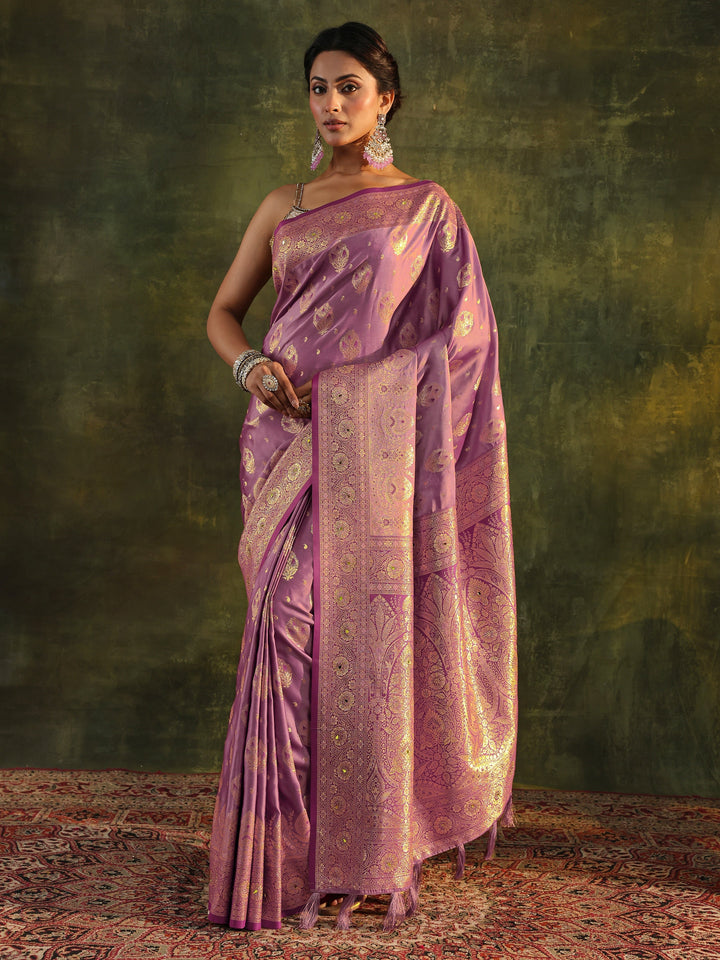 Purple Banarasi Silk Blend Saree With Unstitched Blouse Piece