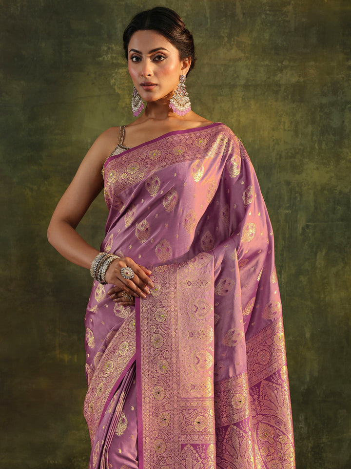Purple Banarasi Silk Blend Saree With Unstitched Blouse Piece