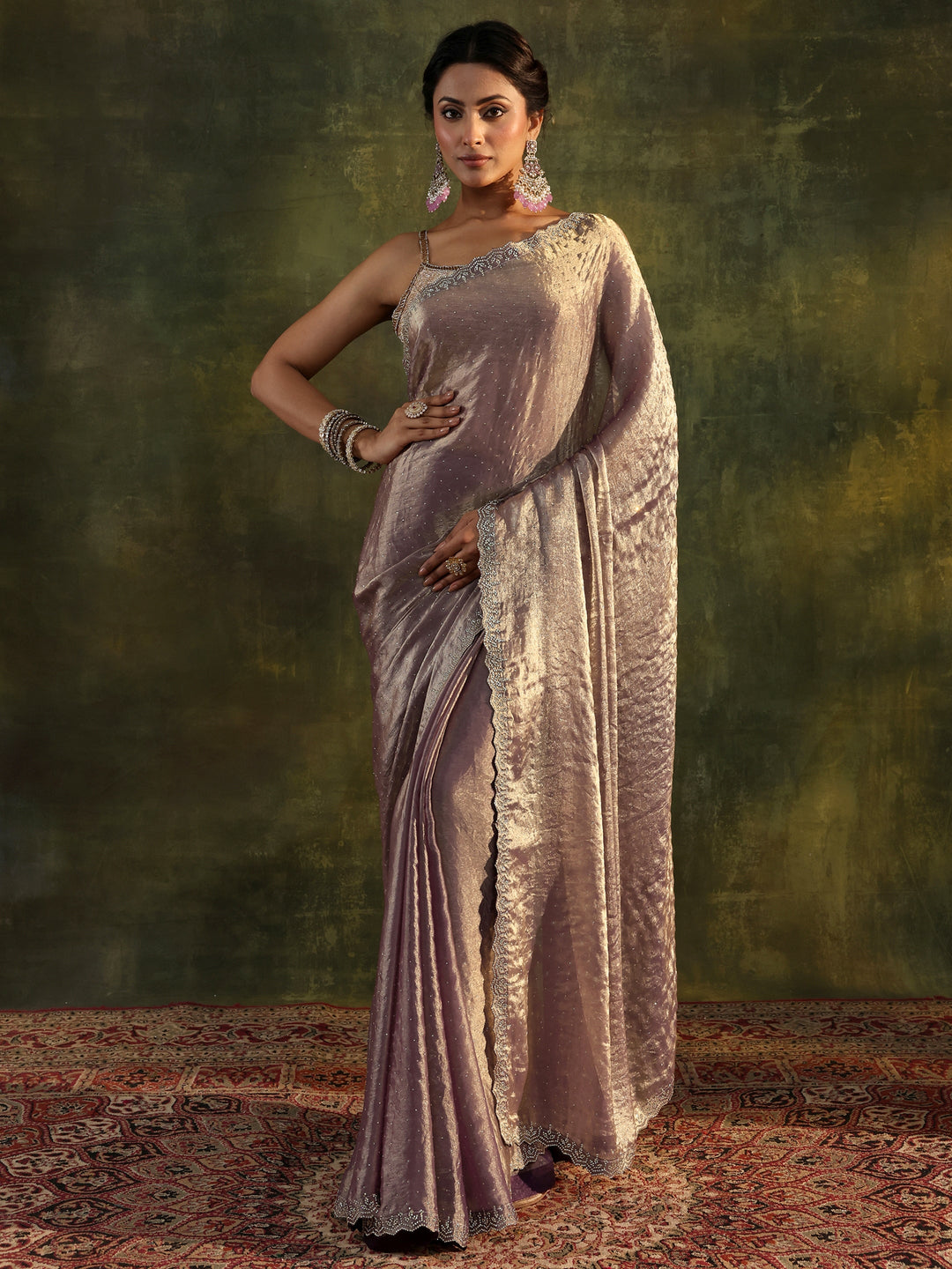 Purple Embellished Tissue Saree With Unstitched Blouse Piece
