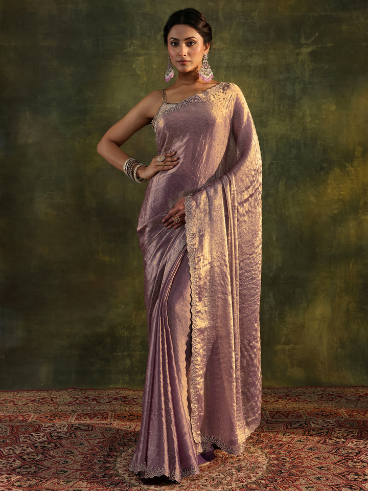 Purple Embellished Tissue Saree With Unstitched Blouse Piece