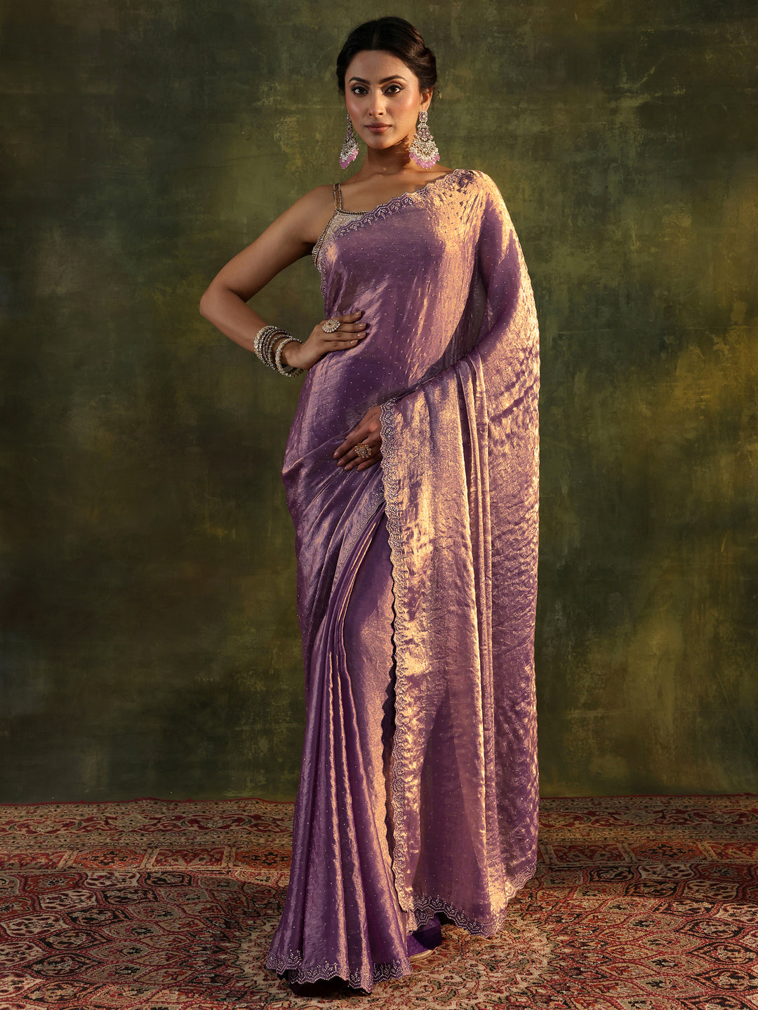 Purple Embellished Tissue Saree With Unstitched Blouse Piece
