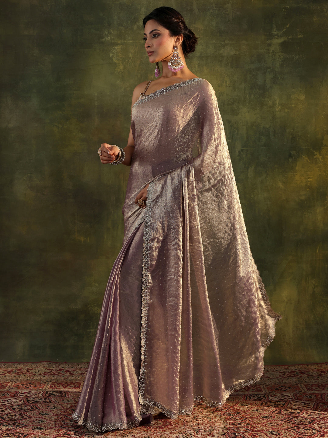 Purple Embellished Tissue Saree With Unstitched Blouse Piece