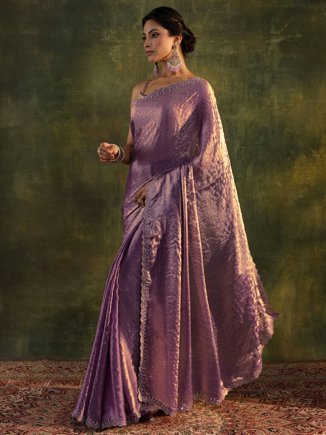 Purple Embellished Tissue Saree With Unstitched Blouse Piece