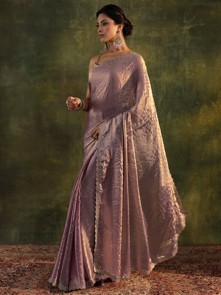 Purple Embellished Tissue Saree With Unstitched Blouse Piece
