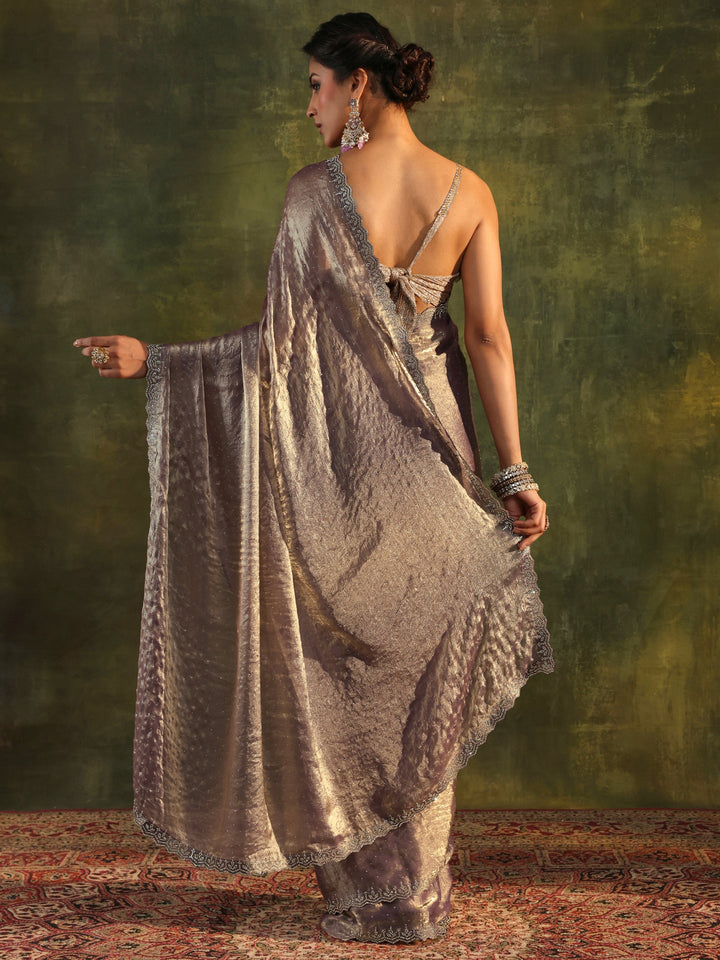 Purple Embellished Tissue Saree With Unstitched Blouse Piece