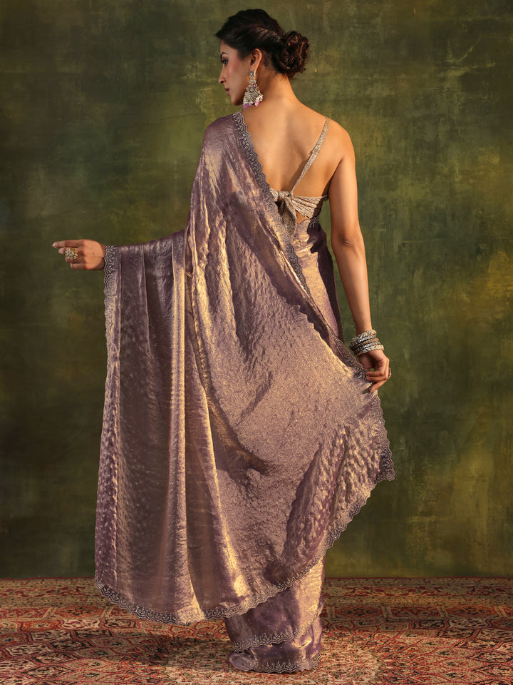 Purple Embellished Tissue Saree With Unstitched Blouse Piece
