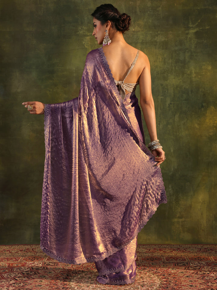 Purple Embellished Tissue Saree With Unstitched Blouse Piece