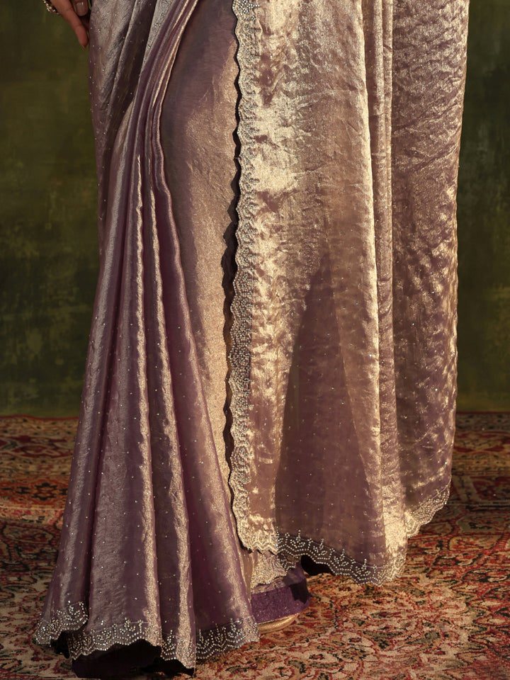 Purple Embellished Tissue Saree With Unstitched Blouse Piece