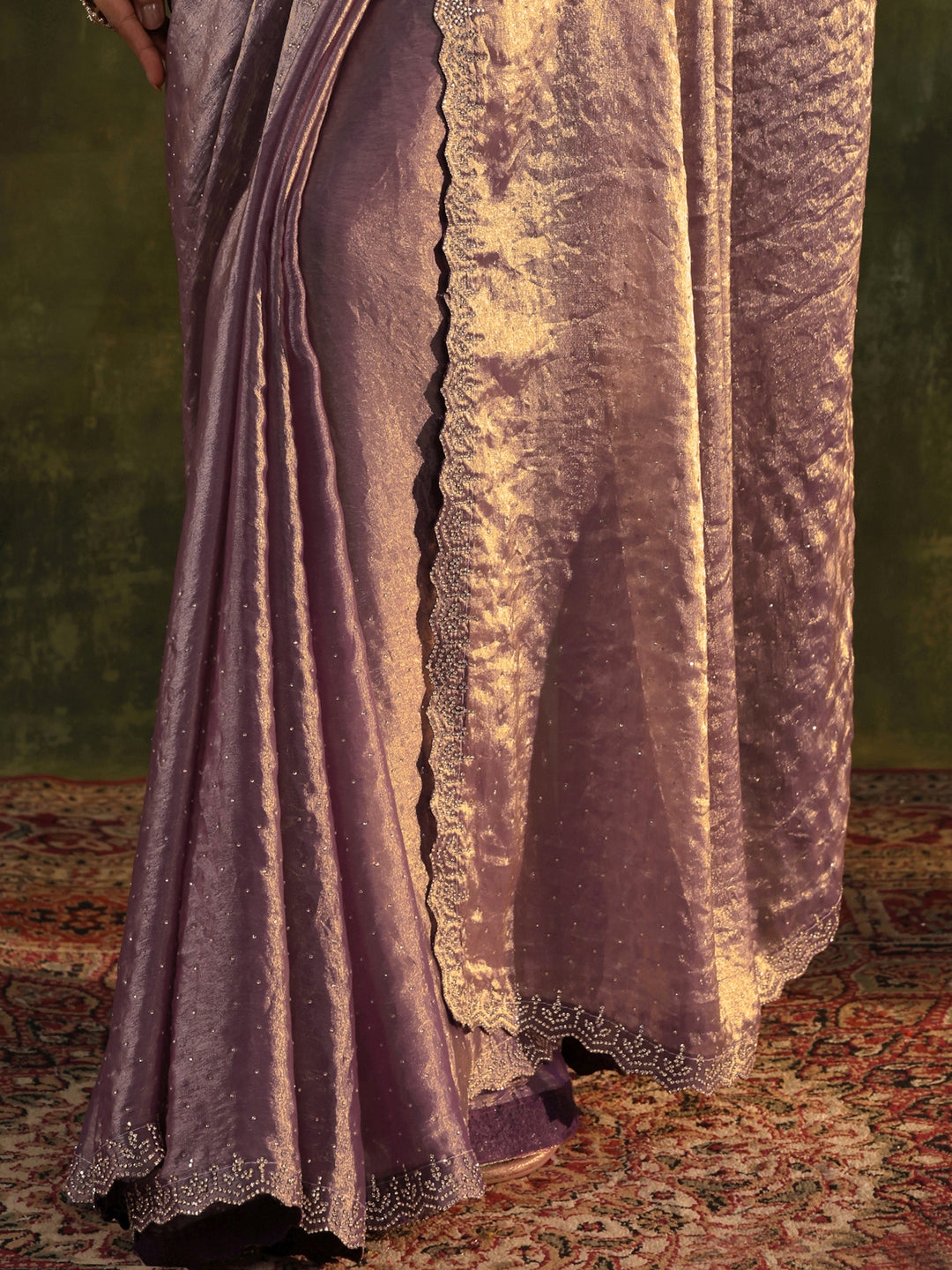 Purple Embellished Tissue Saree With Unstitched Blouse Piece