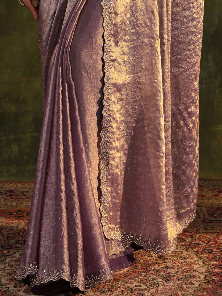 Purple Embellished Tissue Saree With Unstitched Blouse Piece