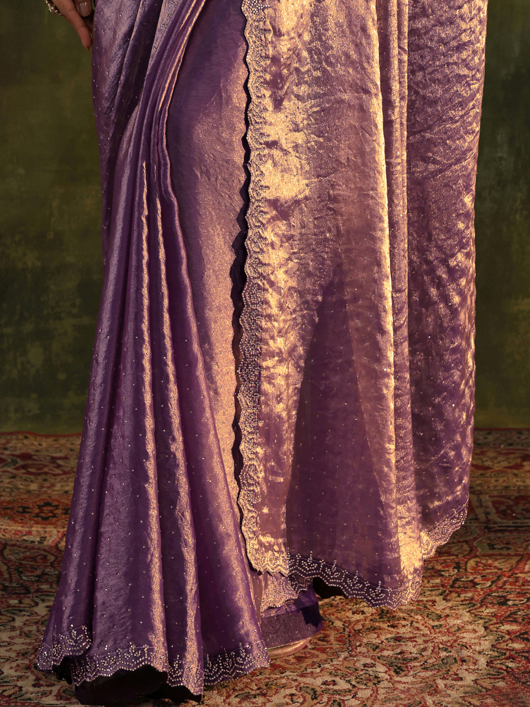 Purple Embellished Tissue Saree With Unstitched Blouse Piece