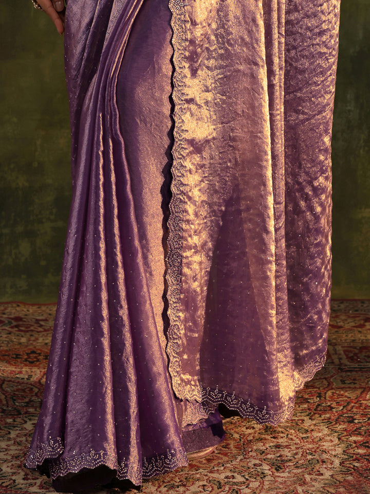 Purple Embellished Tissue Saree With Unstitched Blouse Piece
