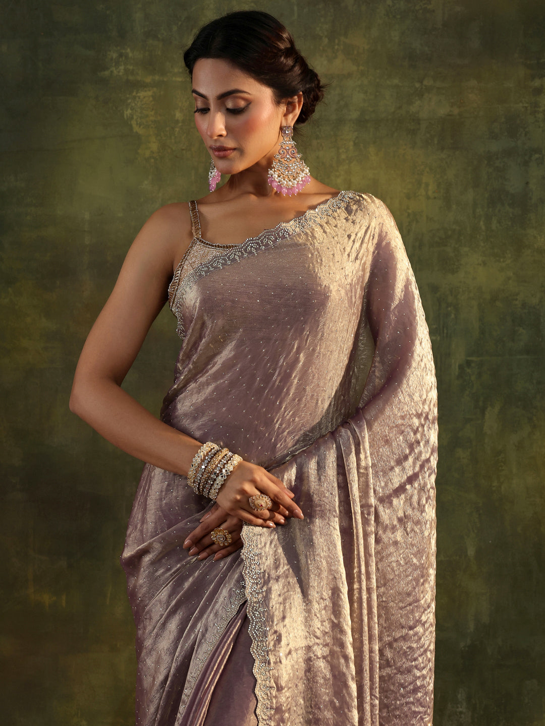 Purple Embellished Tissue Saree With Unstitched Blouse Piece
