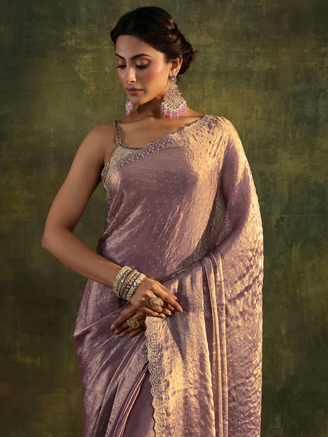 Purple Embellished Tissue Saree With Unstitched Blouse Piece