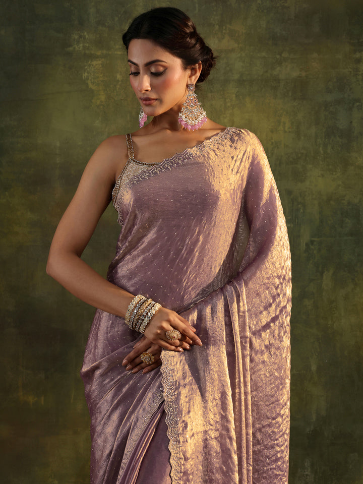 Purple Embellished Tissue Saree With Unstitched Blouse Piece