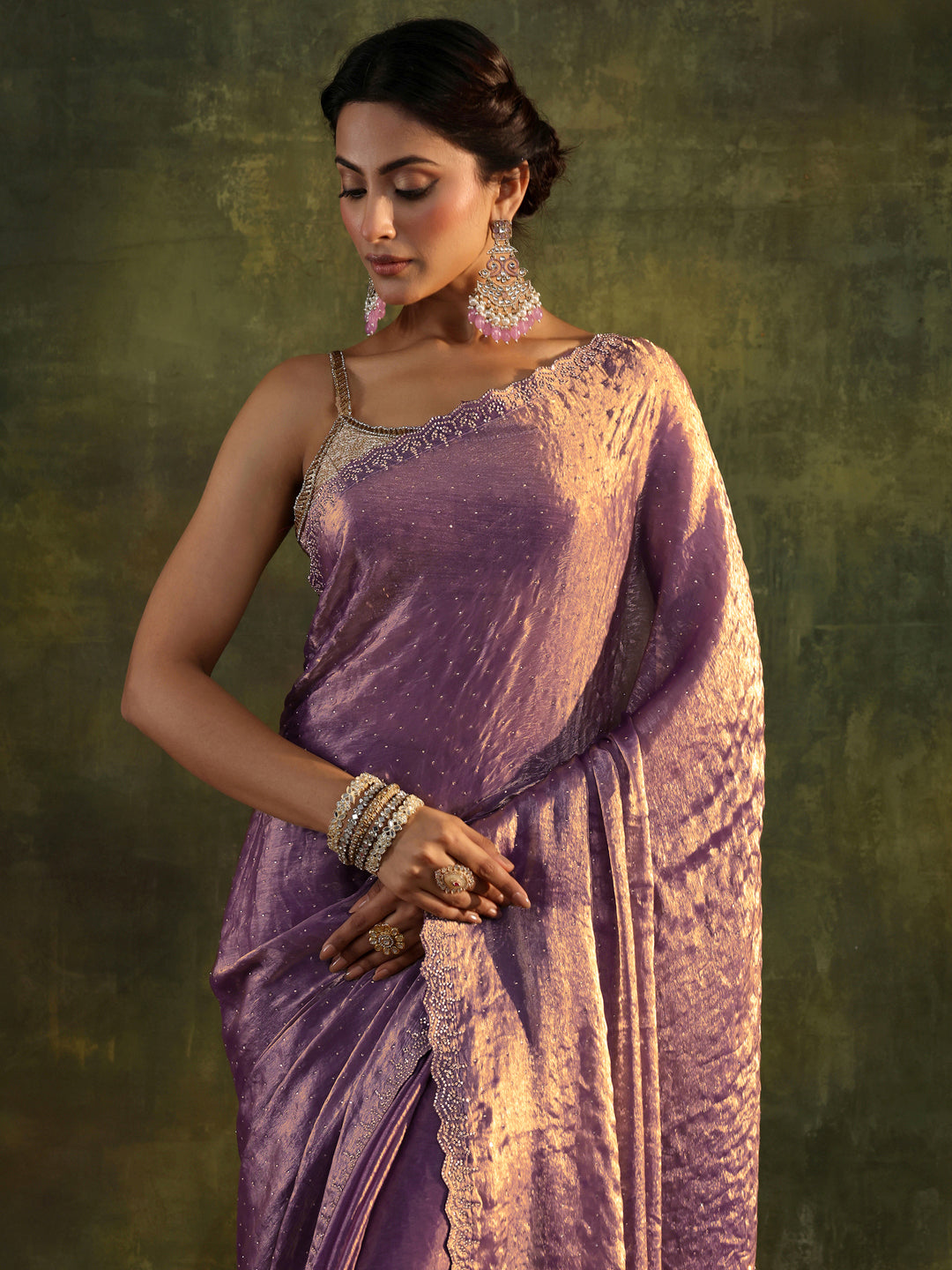 Purple Embellished Tissue Saree With Unstitched Blouse Piece