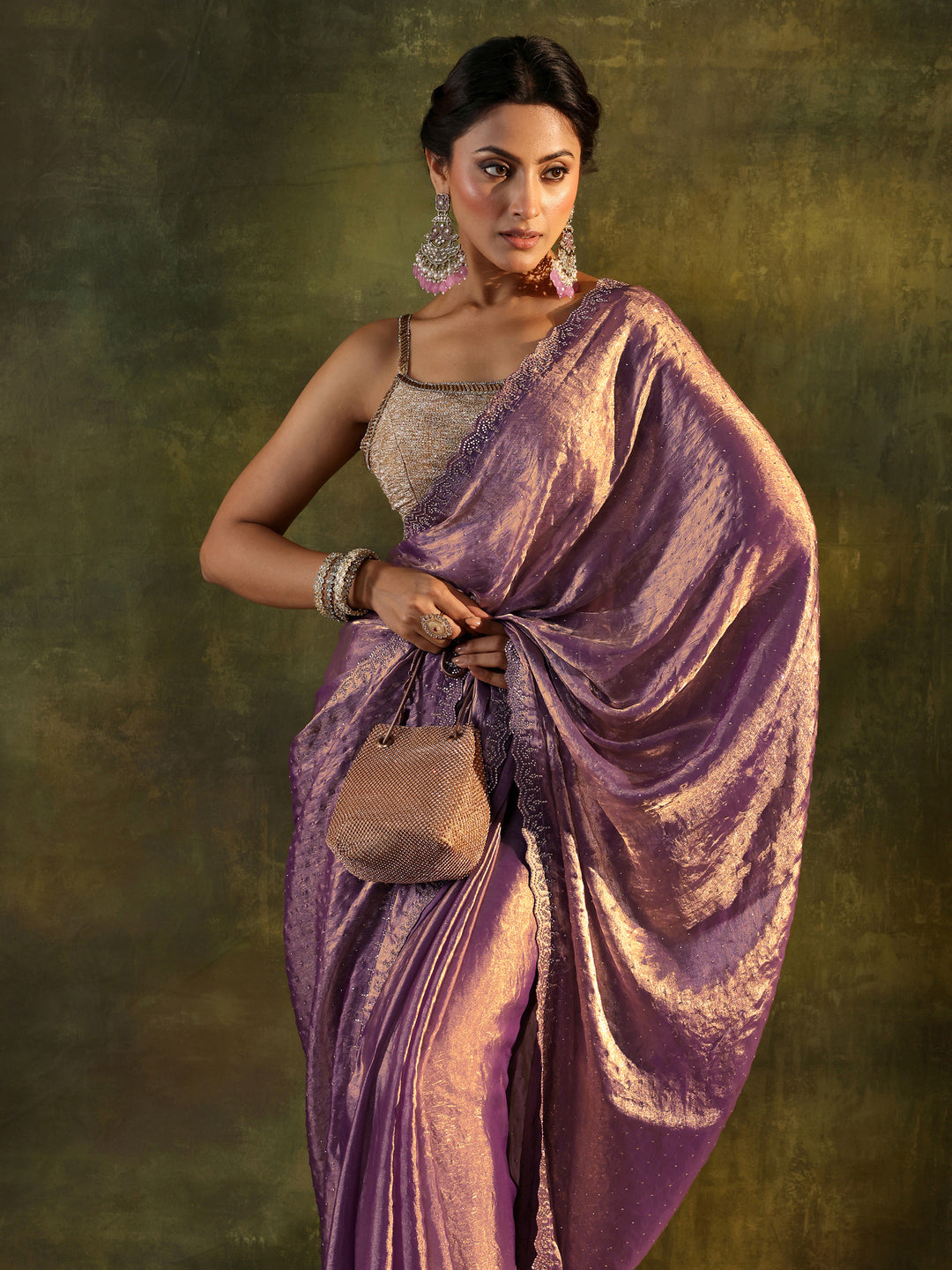 Purple Embellished Tissue Saree With Unstitched Blouse Piece