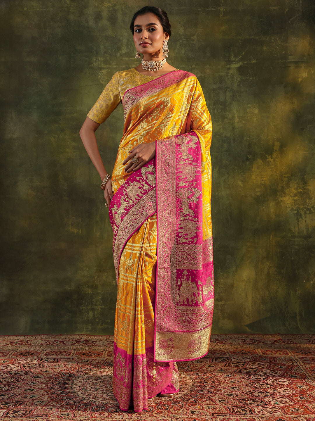 Libas Art Mustard Embellished Satin Saree With Unstitched Blouse Piece