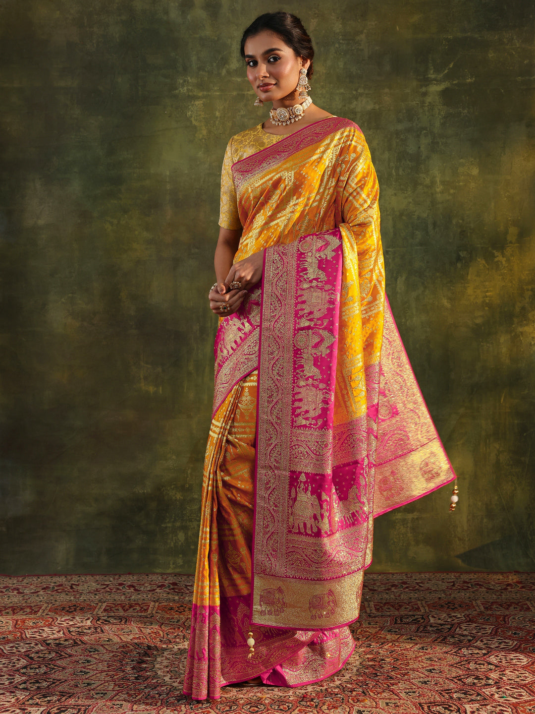 Libas Art Mustard Embellished Satin Saree With Unstitched Blouse Piece
