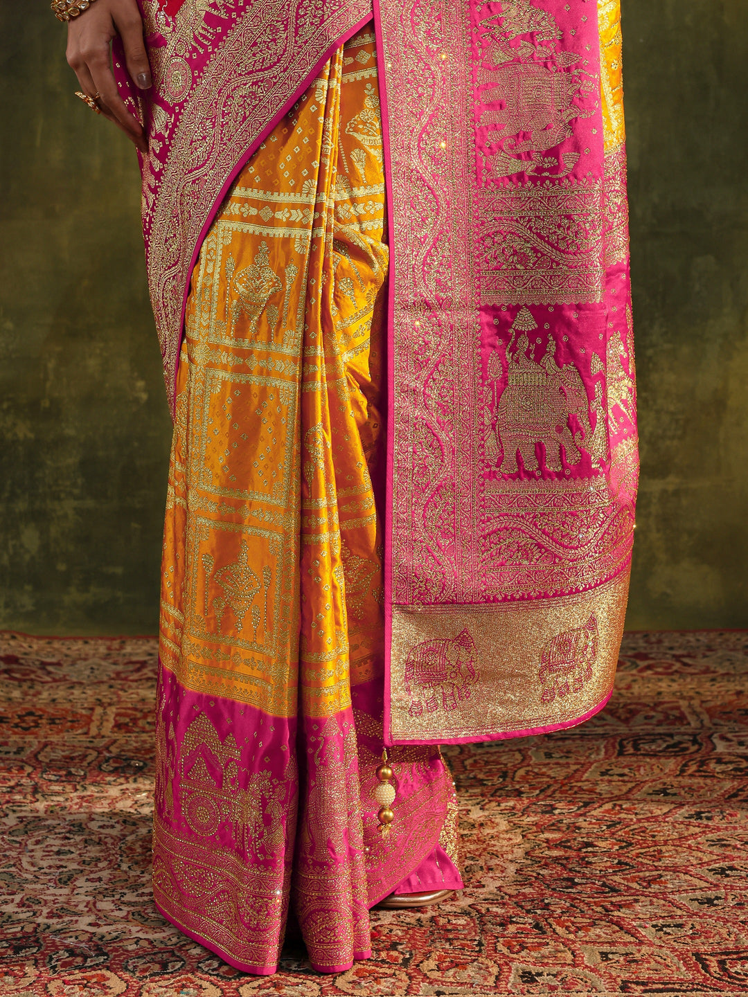 Libas Art Mustard Embellished Satin Saree With Unstitched Blouse Piece