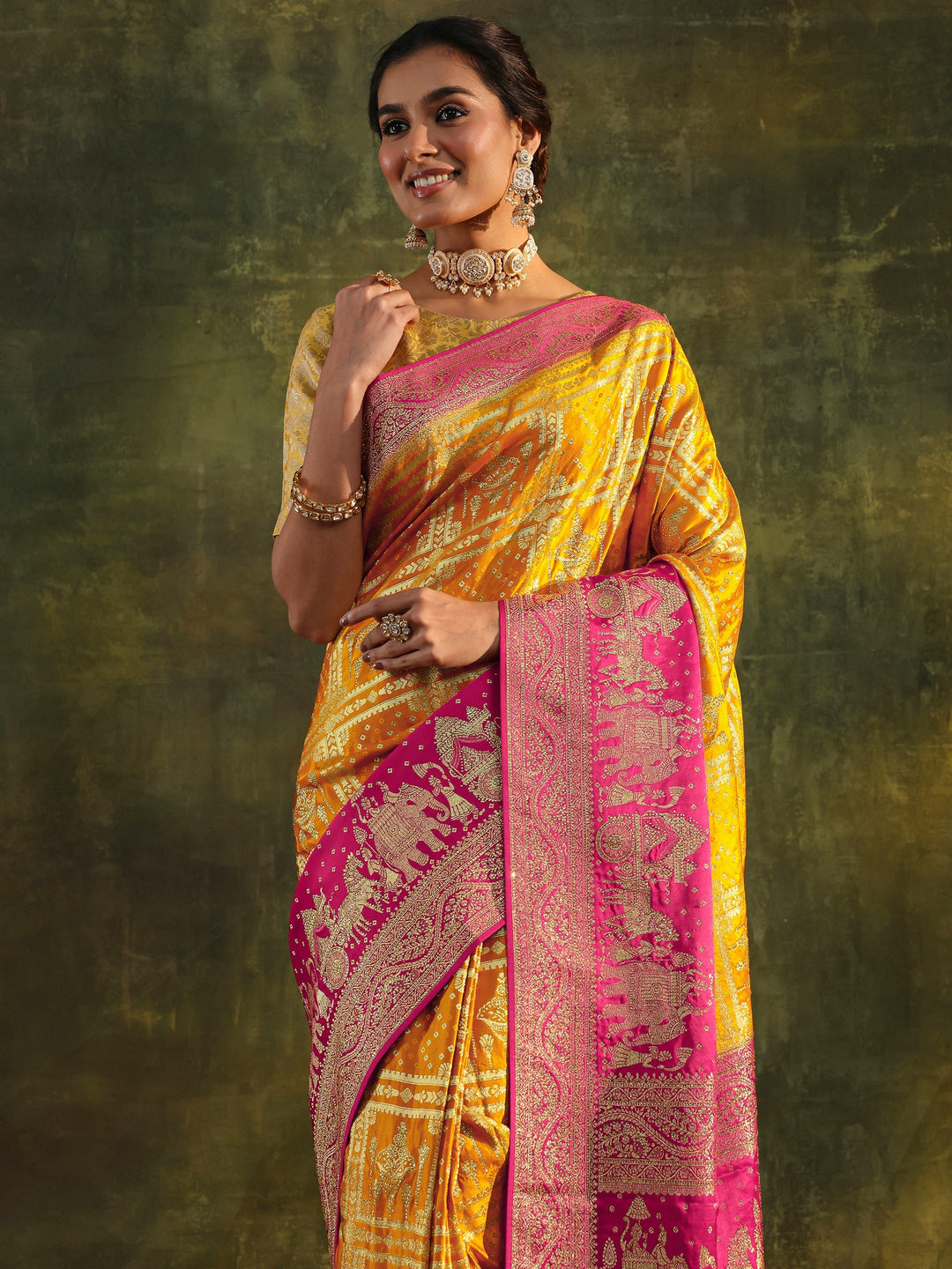 Libas Art Mustard Embellished Satin Saree With Unstitched Blouse Piece
