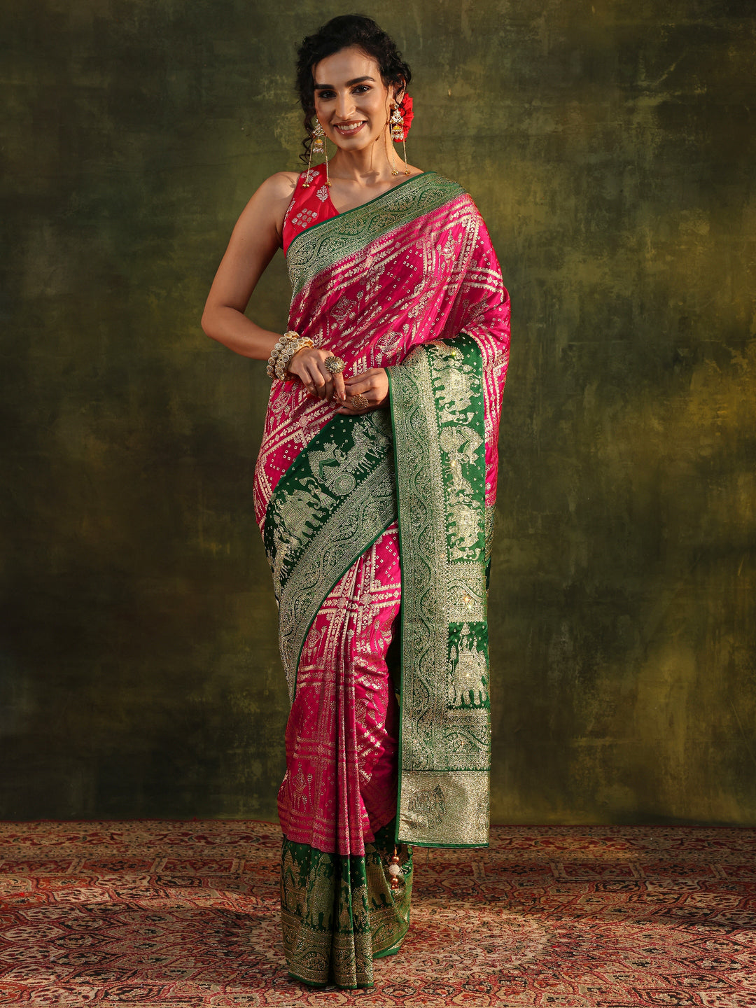 Libas Art Pink Ethnic Woven Design Satin Saree With Unstitched Blouse Piece