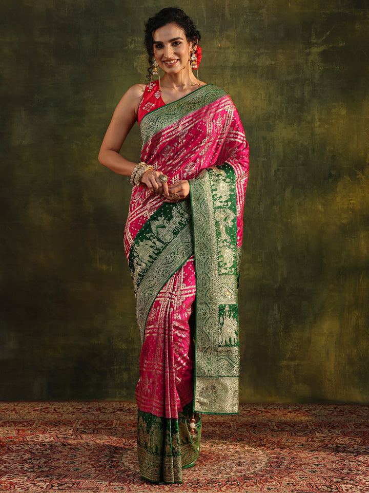 Libas Art Pink Ethnic Woven Design Satin Saree With Unstitched Blouse Piece