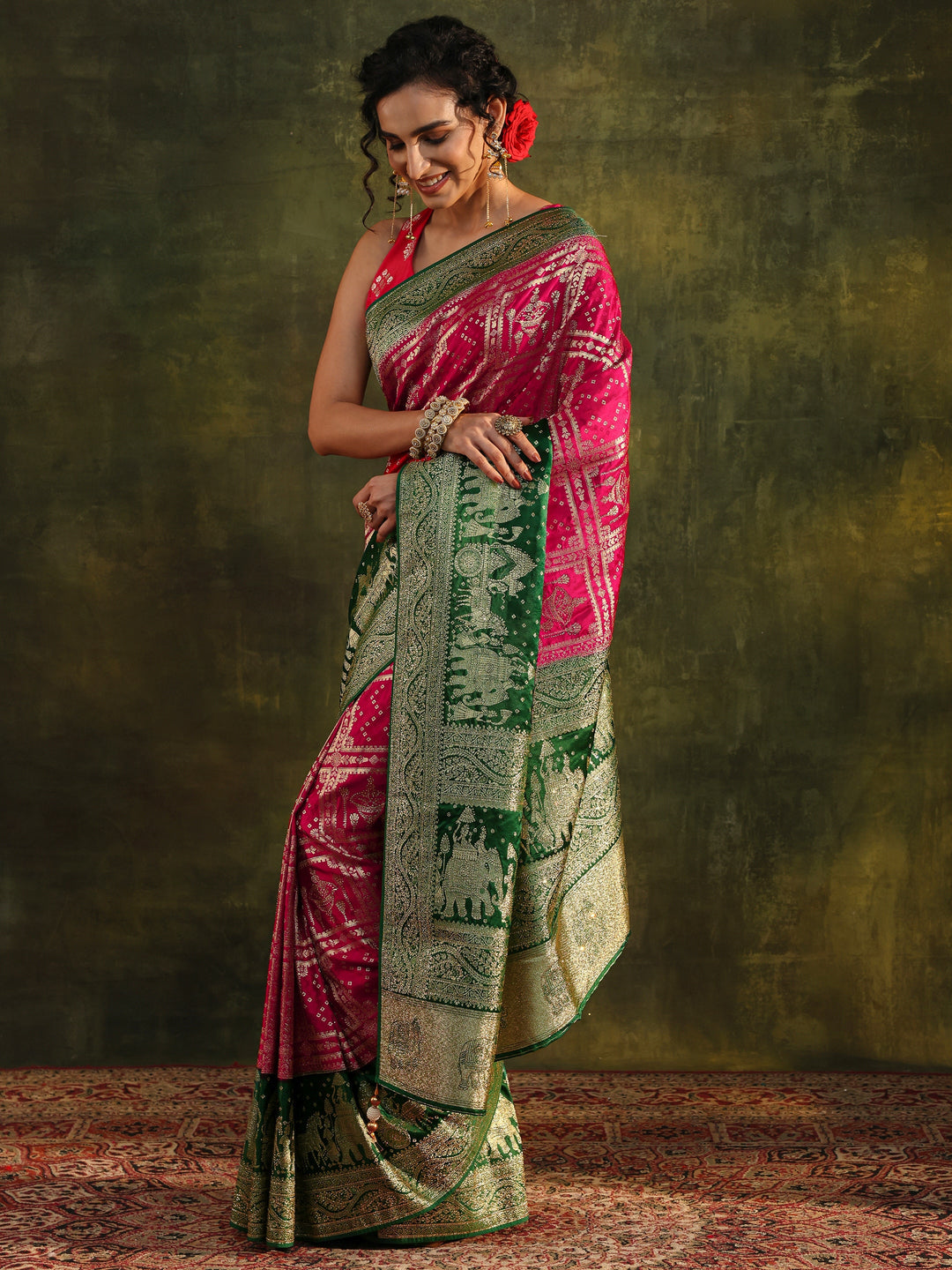 Libas Art Pink Ethnic Woven Design Satin Saree With Unstitched Blouse Piece