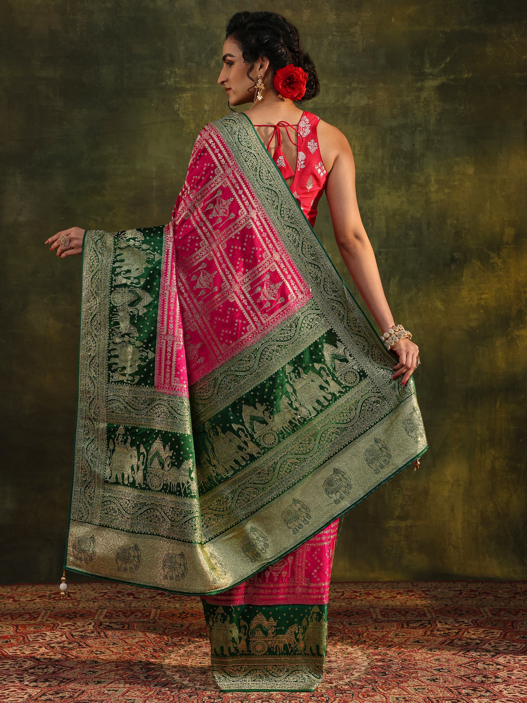 Libas Art Pink Ethnic Woven Design Satin Saree With Unstitched Blouse Piece