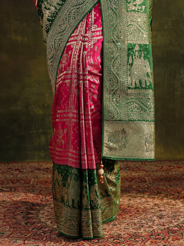 Libas Art Pink Ethnic Woven Design Satin Saree With Unstitched Blouse Piece