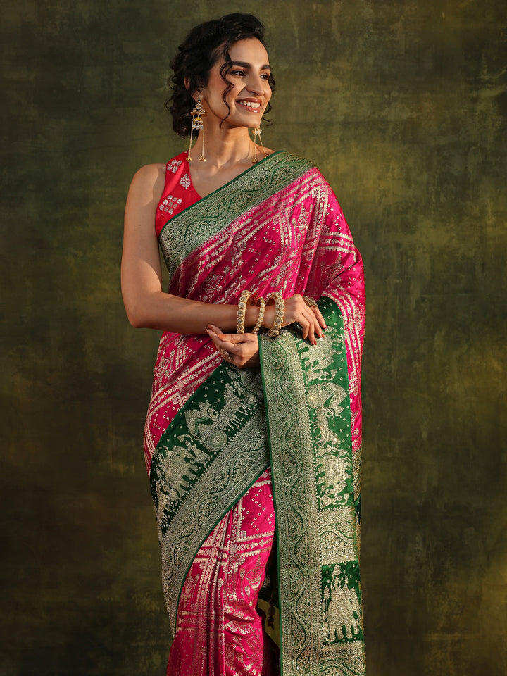 Libas Art Pink Ethnic Woven Design Satin Saree With Unstitched Blouse Piece
