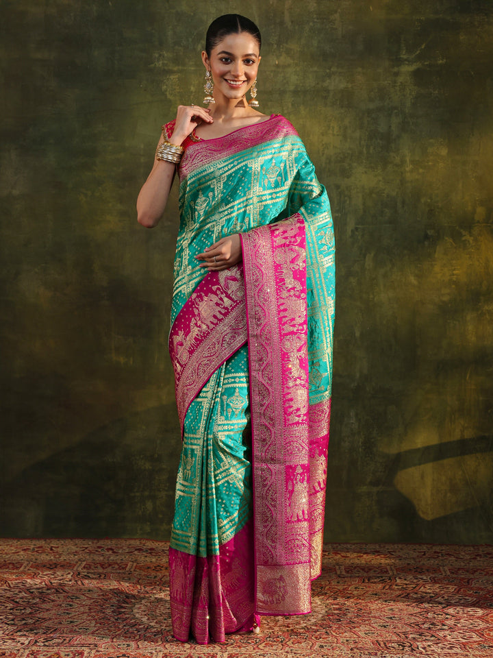 Libas Art Green Woven Design Satin Banarasi Saree With Unstitched Blouse Piece