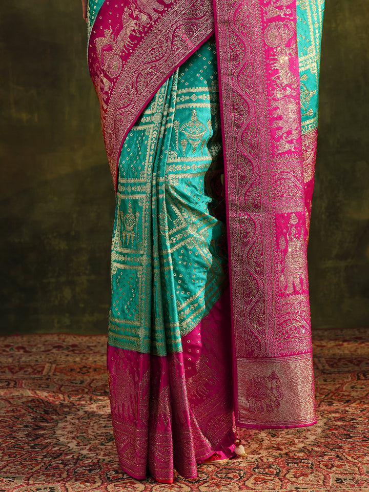 Libas Art Green Woven Design Satin Banarasi Saree With Unstitched Blouse Piece