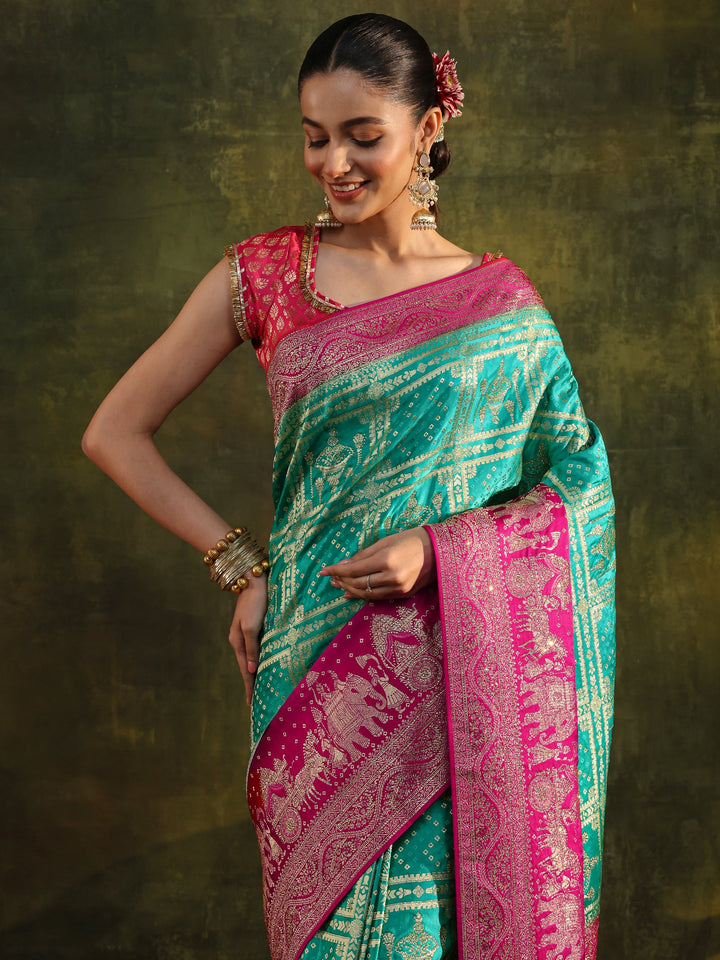 Libas Art Green Woven Design Satin Banarasi Saree With Unstitched Blouse Piece